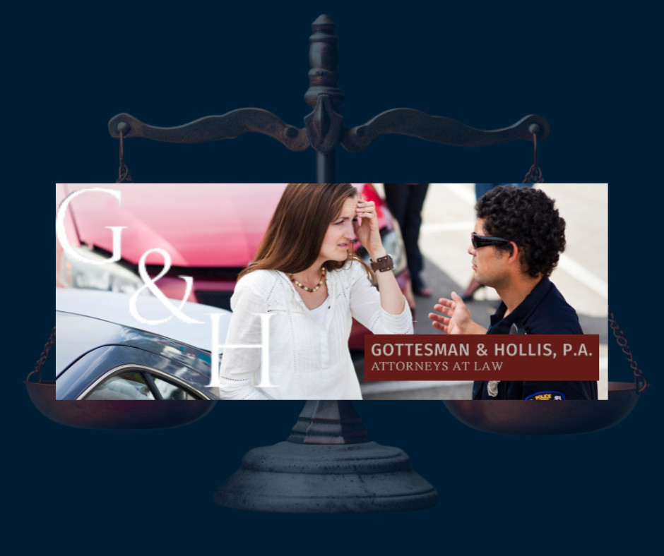 Car accident scene with driver talking to lawyer or police